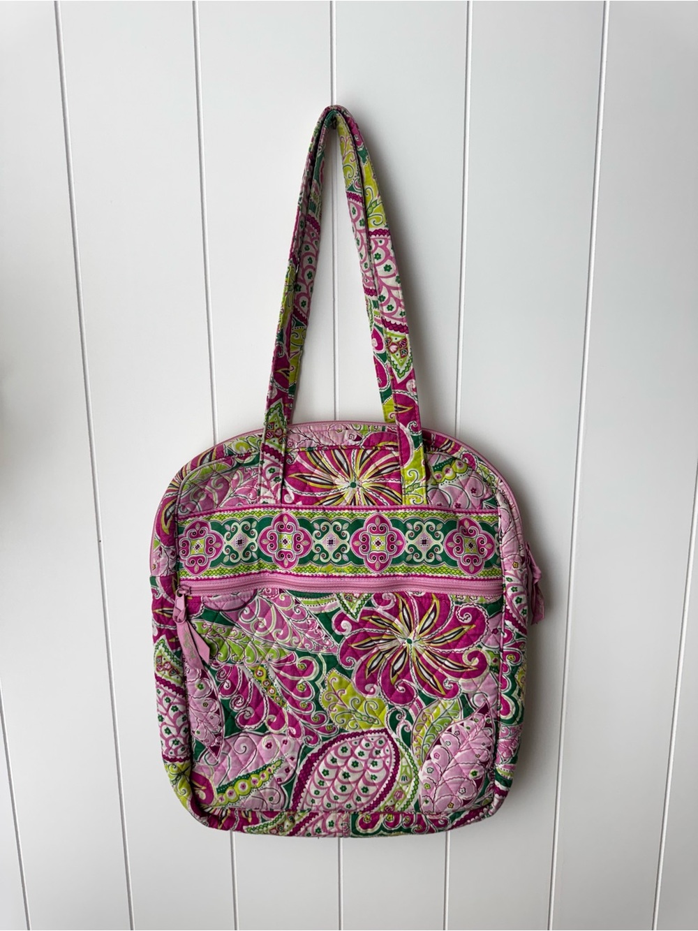 Vera Bradley Pink Green Zip Tall Tote Shoulder Bag Pinwheel Pink Retired - Picture 2 of 10
